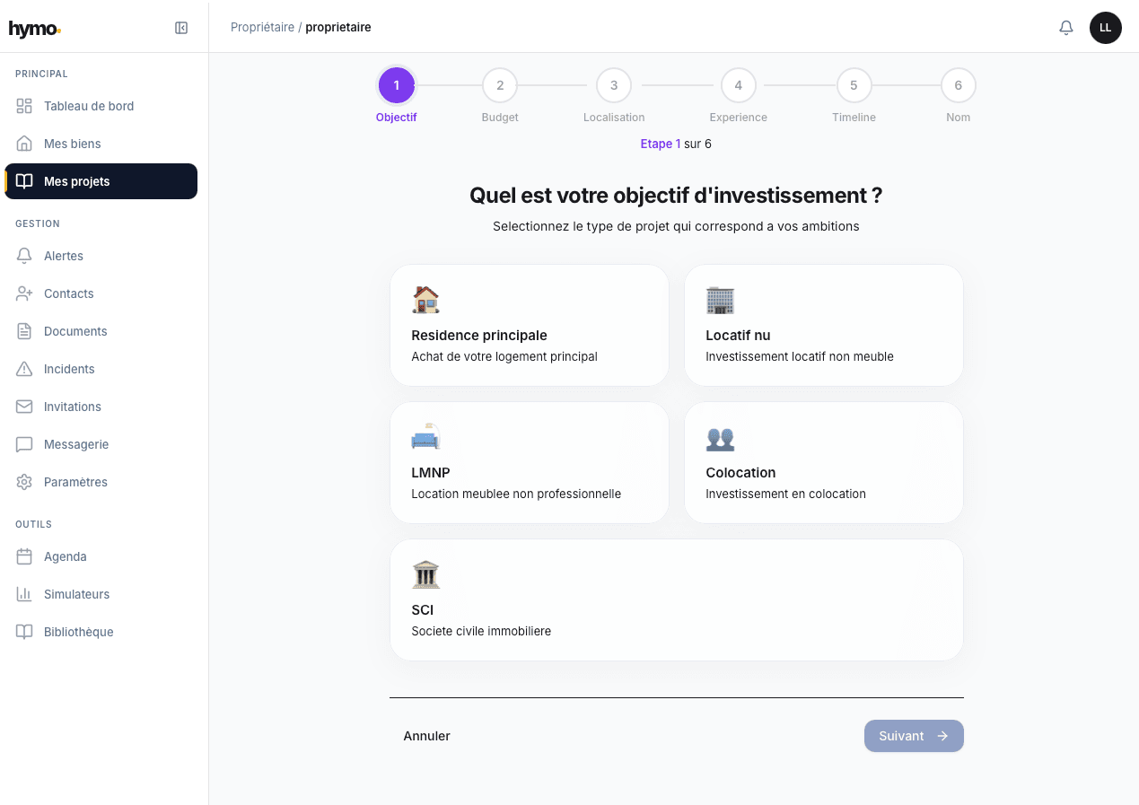 Wizard de création de projet - sélection de l'objectif d'investissement